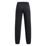 Black athletic sweatpants shown from the back, featuring an elastic waistband and tapered legs, on a solid white background.