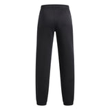 Black athletic sweatpants shown from the back, featuring an elastic waistband and tapered legs, on a solid white background.