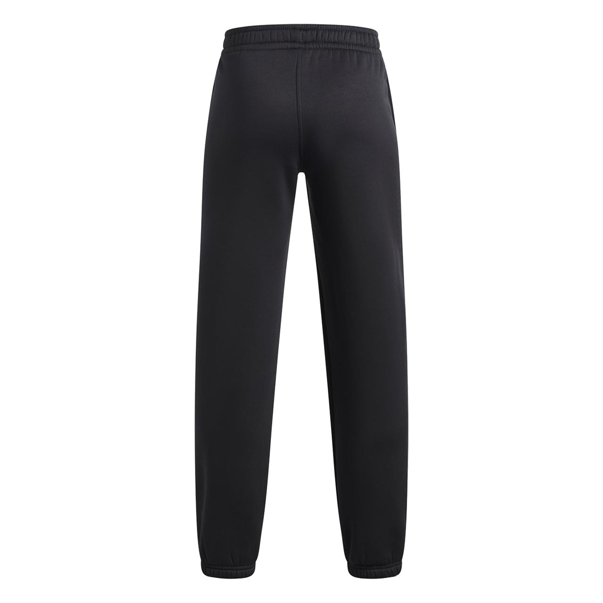 Black athletic sweatpants shown from the back, featuring an elastic waistband and tapered legs, on a solid white background.