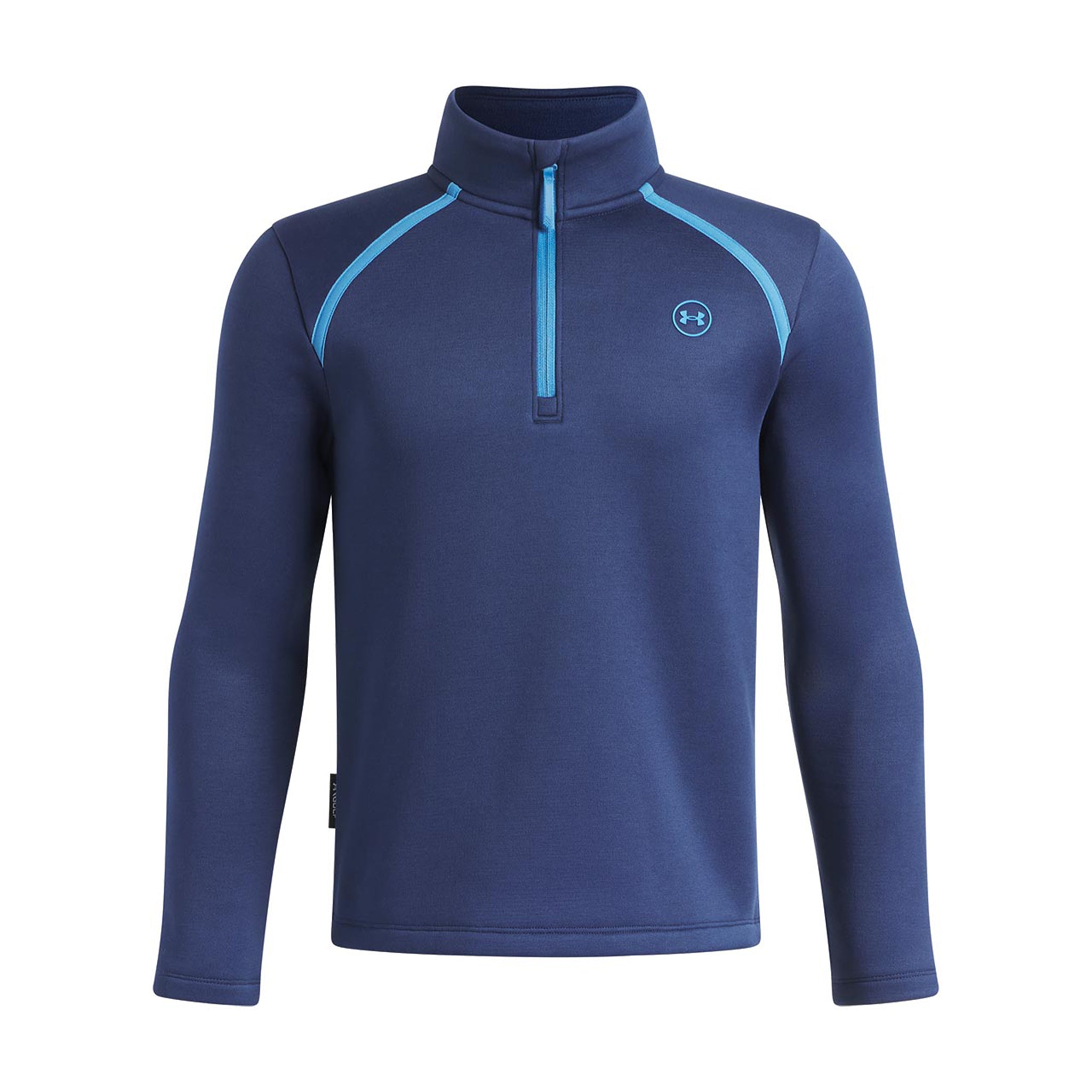A navy blue long-sleeve quarter-zip pullover sweatshirt with light blue contrast stitching and a light blue zipper, featuring the Under Armour logo on the left chest, shown on a plain white background.