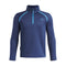 A navy blue long-sleeve quarter-zip pullover sweatshirt with light blue contrast stitching and a light blue zipper, featuring the Under Armour logo on the left chest, shown on a plain white background.