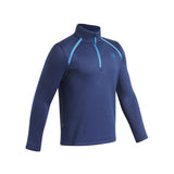 A navy blue long-sleeve quarter-zip pullover with light blue contrast stitching along the shoulders and collar, featuring a small circular logo on the left chest.