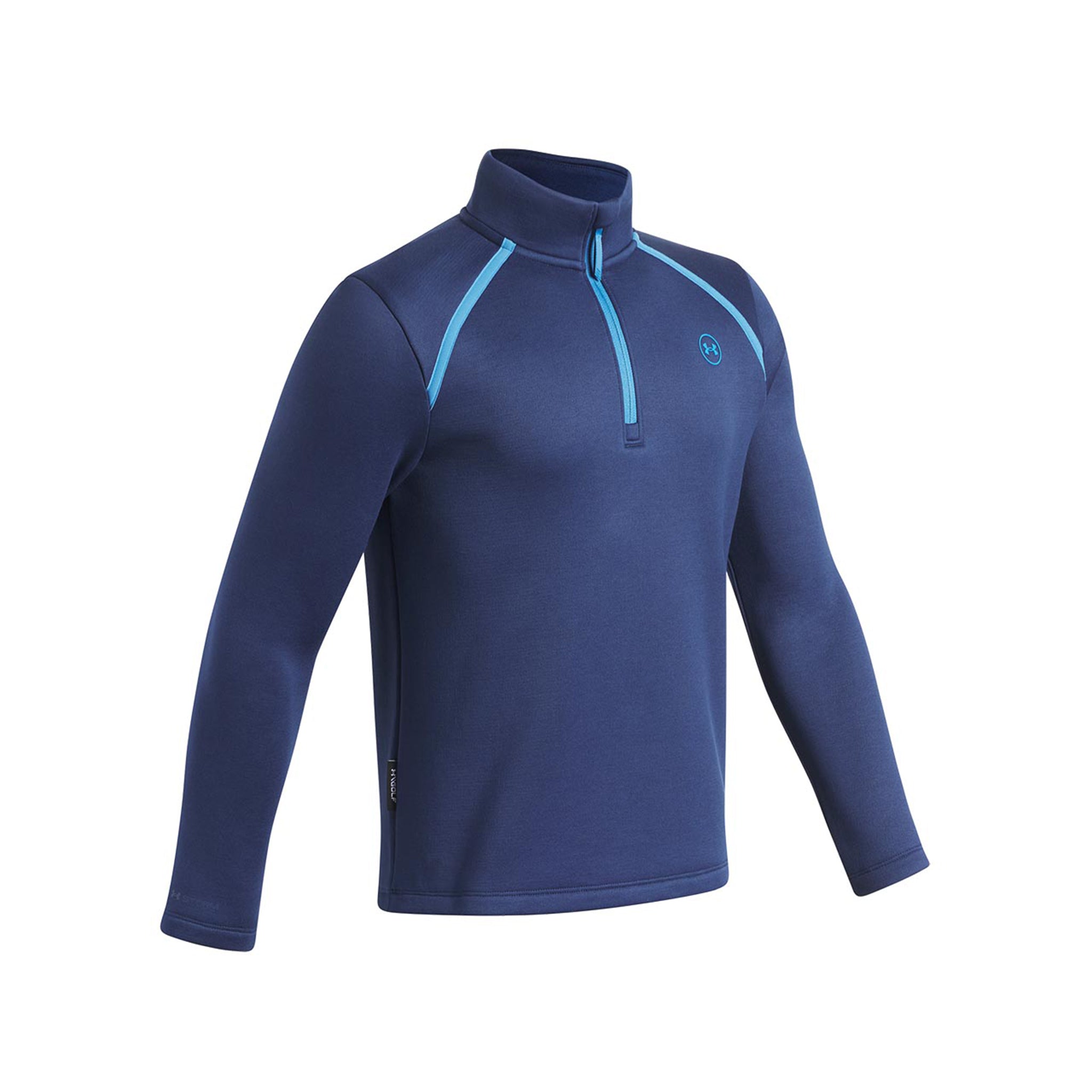 A navy blue long-sleeve quarter-zip pullover with light blue contrast stitching along the shoulders and collar, featuring a small circular logo on the left chest.