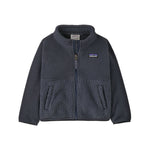 Patagonia fleece jacket in dark slate gray, featuring a zip-up front, a stand-up collar, and the signature Patagonia logo patch on the left chest, displayed against a solid white background.