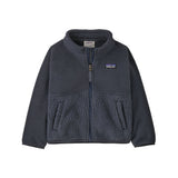 Patagonia fleece jacket in dark slate gray, featuring a zip-up front, a stand-up collar, and the signature Patagonia logo patch on the left chest, displayed against a solid white background.