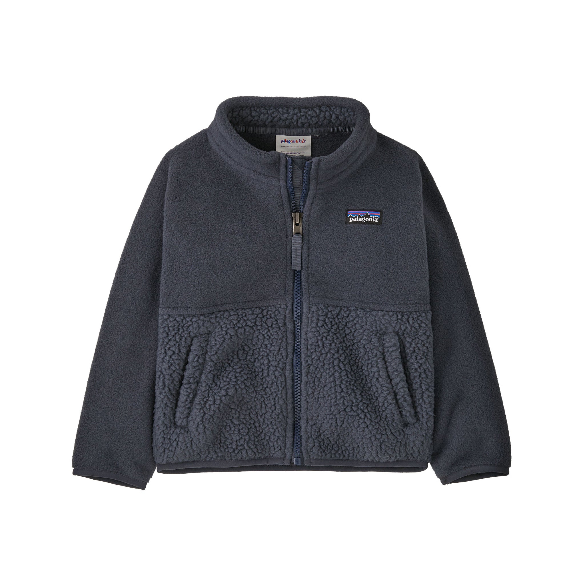 Patagonia fleece jacket in dark slate gray, featuring a zip-up front, a stand-up collar, and the signature Patagonia logo patch on the left chest, displayed against a solid white background.
