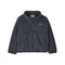 Patagonia fleece jacket in dark slate gray, featuring a zip-up front, a stand-up collar, and the signature Patagonia logo patch on the left chest, displayed against a solid white background.
