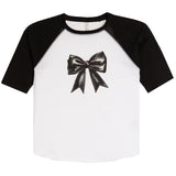 3/4 Sleeve Black Leather Bow Tee