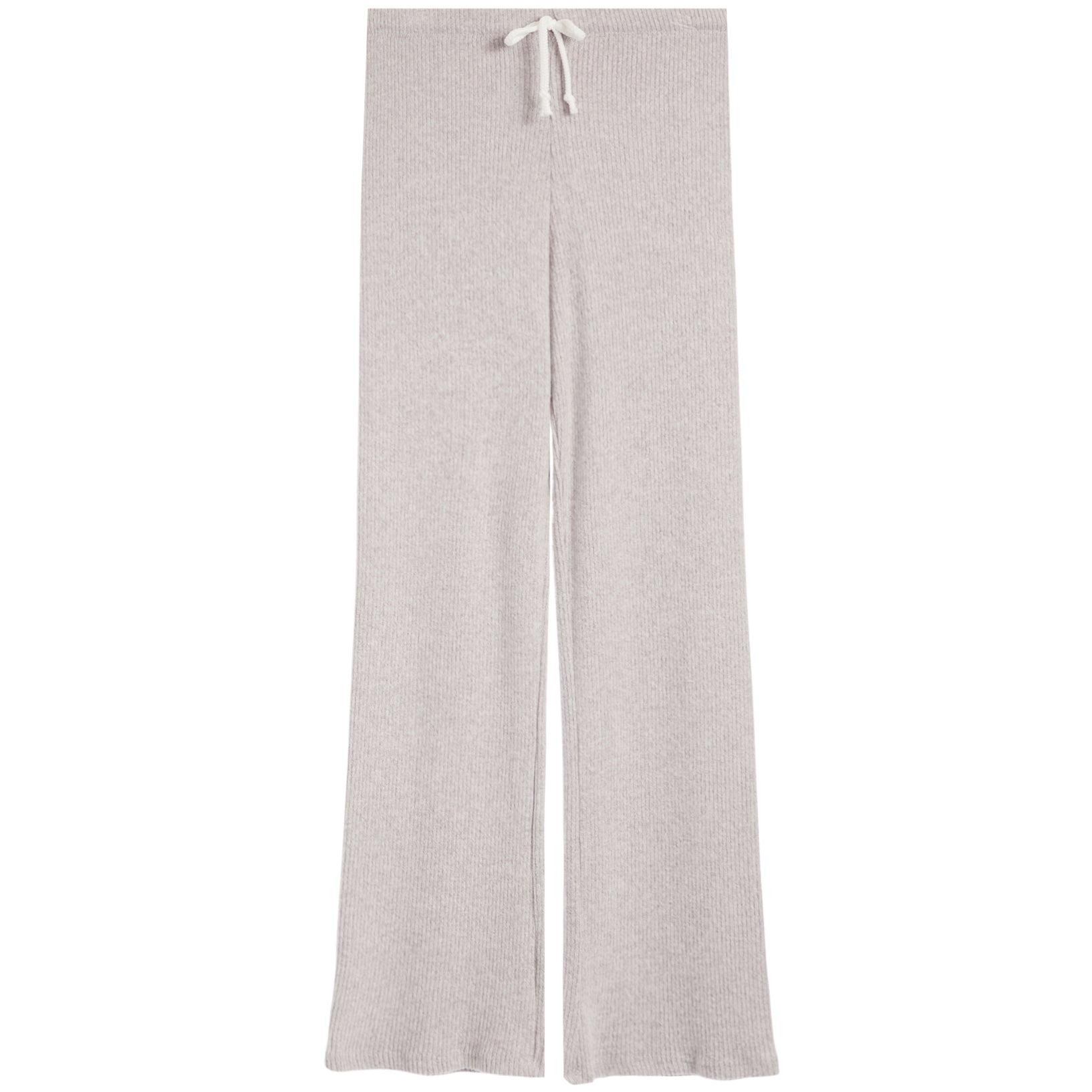 Light gray heather knit wide-leg pants with a white drawstring waist, shown flat against a white background.