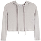 A light gray ribbed knit cropped hoodie with long sleeves and drawstrings, shown flat against a white background.