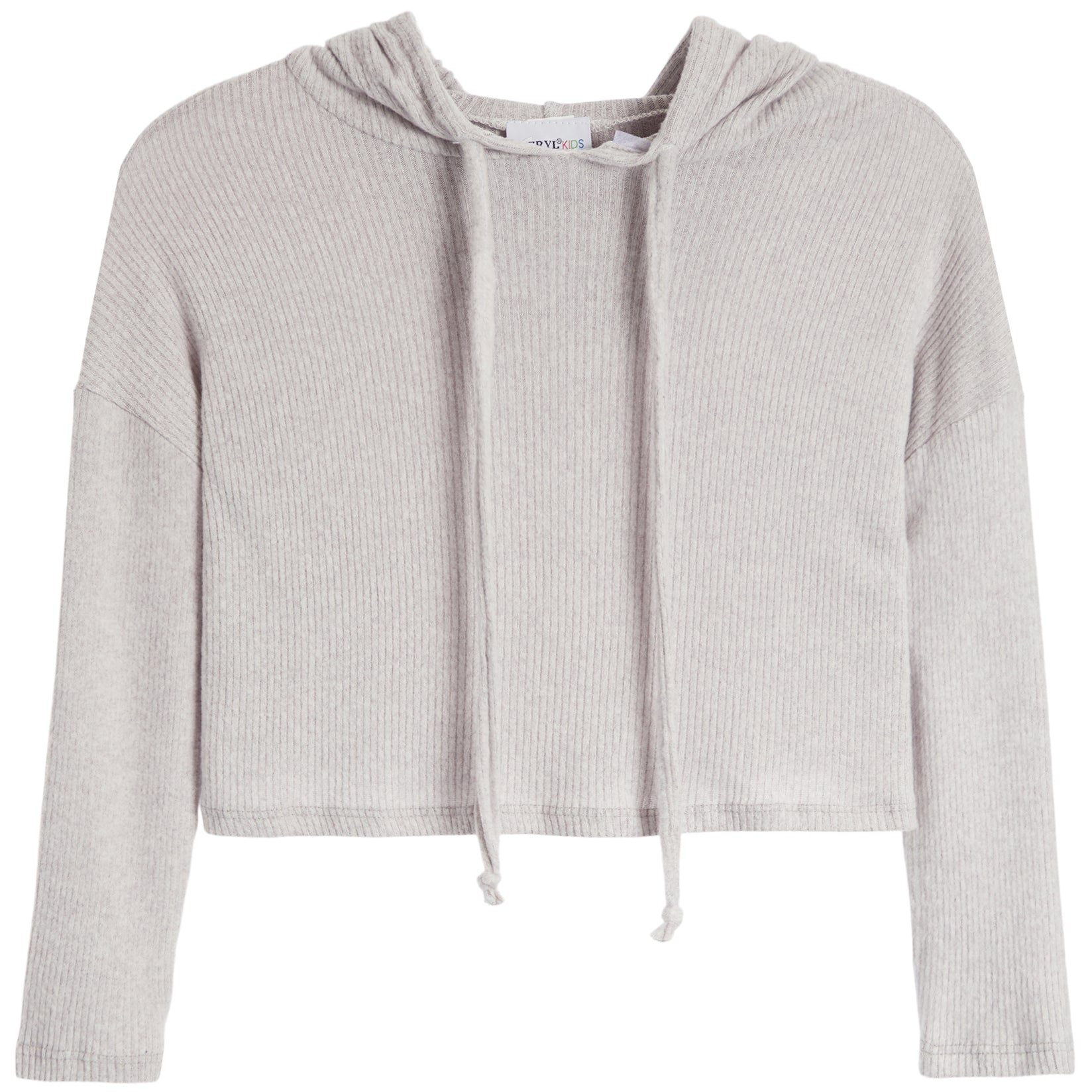 A light gray ribbed knit cropped hoodie with long sleeves and drawstrings, shown flat against a white background.