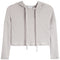 A light gray ribbed knit cropped hoodie with long sleeves and drawstrings, shown flat against a white background.