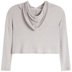 A light gray ribbed knit long-sleeve crop top with a draped cowl neckline, shown flat against a white background.