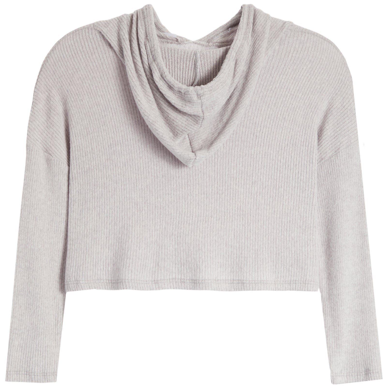 A light gray ribbed knit long-sleeve crop top with a draped cowl neckline, shown flat against a white background.
