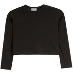 A black ribbed long-sleeve crop top with a crew neck, displayed flat against a solid white background.