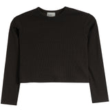 A black ribbed long-sleeve crop top with a crew neck, displayed flat against a solid white background.