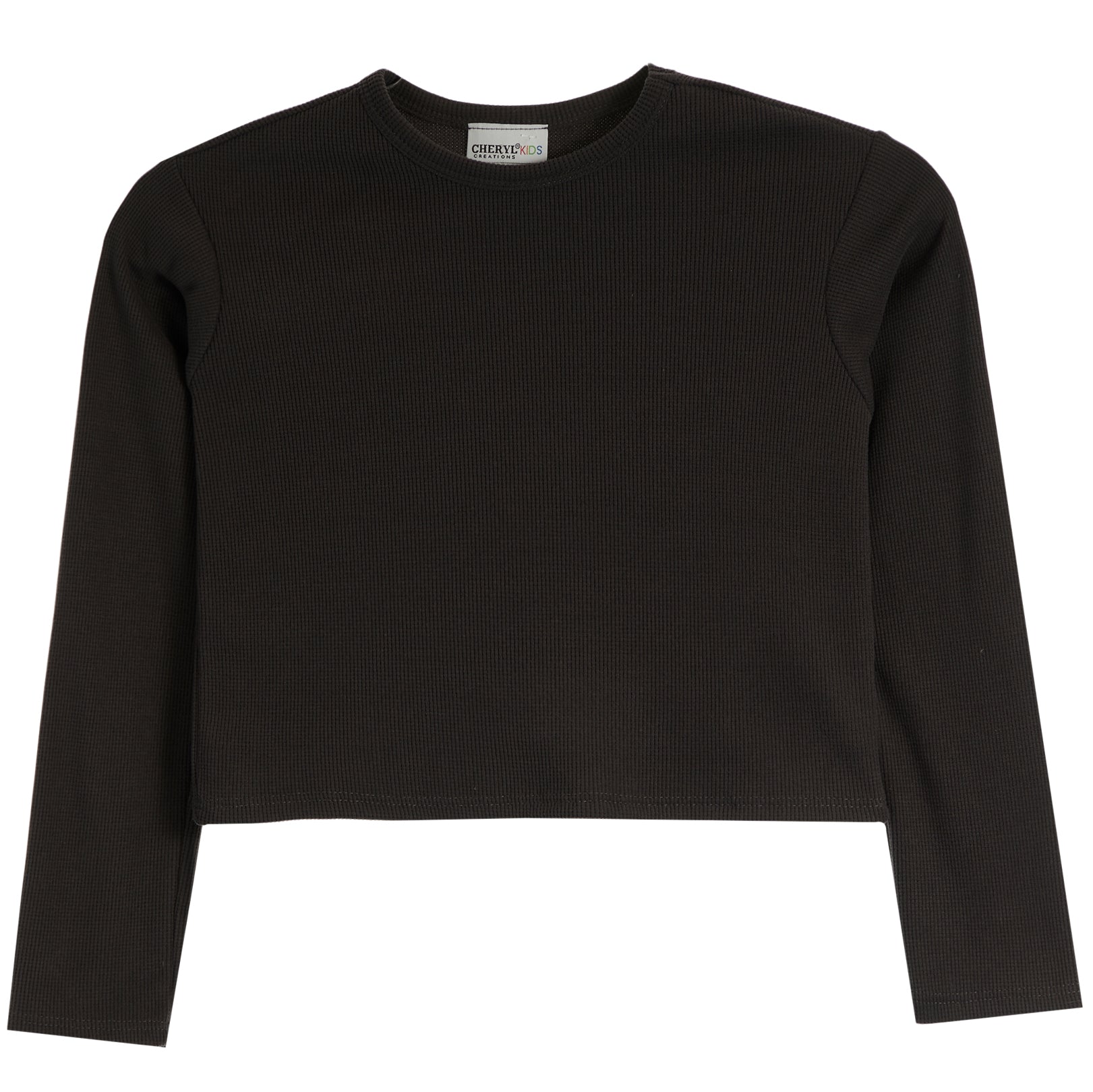 A black ribbed long-sleeve crop top with a crew neck, displayed flat against a solid white background.