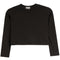 A black ribbed long-sleeve crop top with a crew neck, displayed flat against a solid white background.