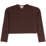 A brown ribbed long-sleeve crop top with a crew neck, displayed flat against a solid white background.