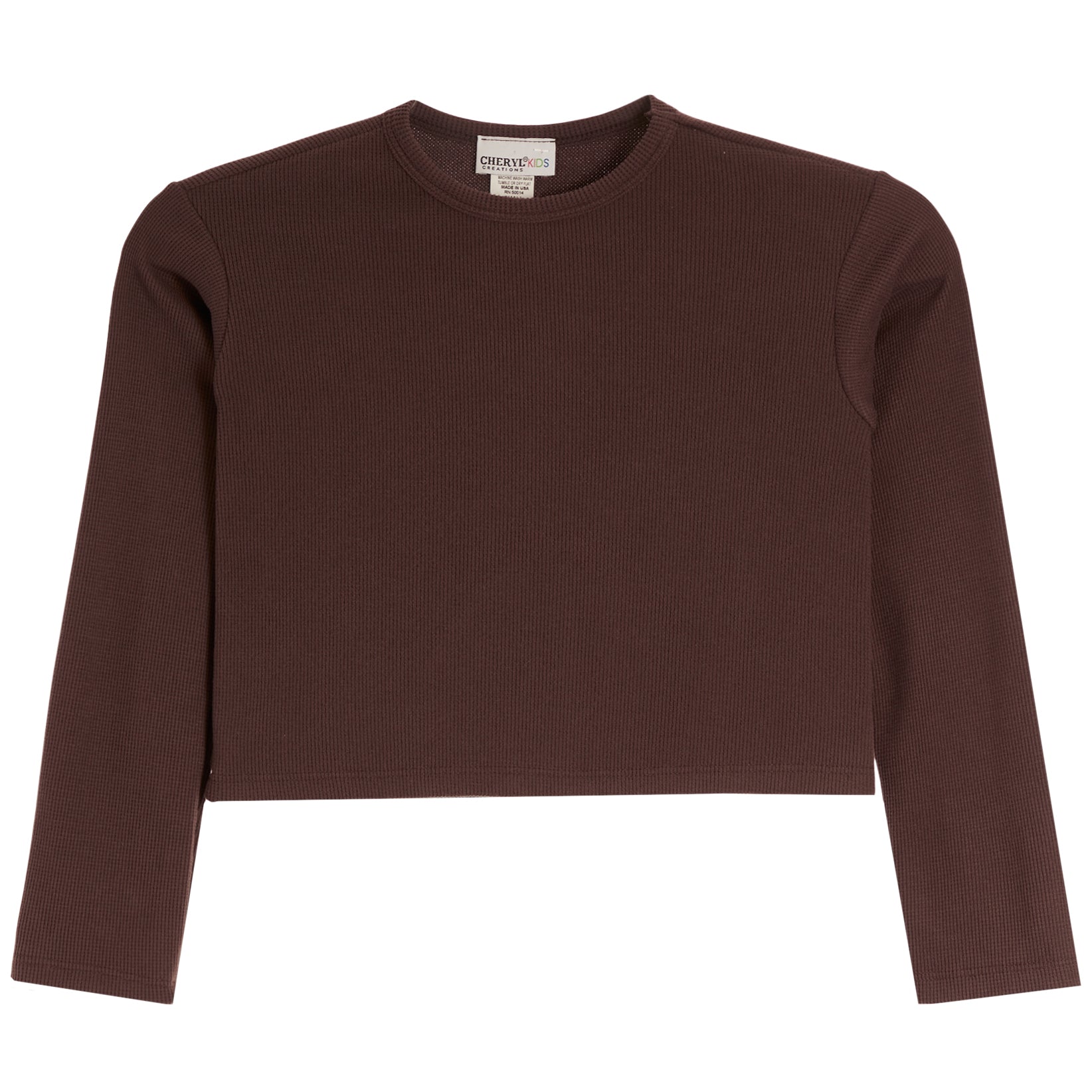 A brown ribbed long-sleeve crop top with a crew neck, displayed flat against a solid white background.