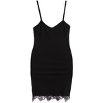 A black spaghetti-strap mini dress with a V-neckline and a delicate black lace hem, shown against a plain white background.