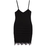 A black spaghetti-strap mini dress with a V-neckline and a delicate black lace hem, shown against a plain white background.