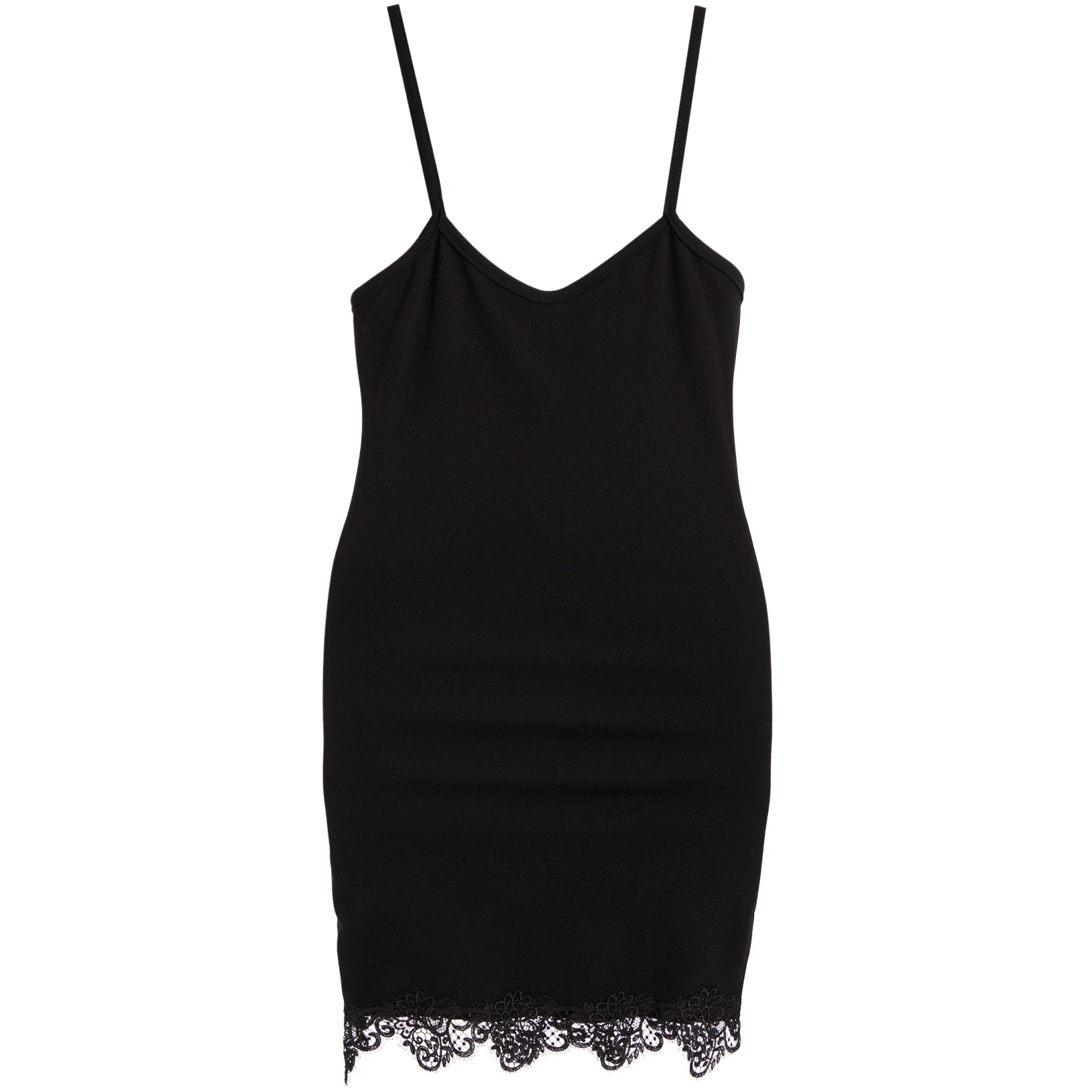 A black spaghetti-strap mini dress with a V-neckline and a delicate black lace hem, shown against a plain white background.