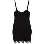 A black spaghetti-strap mini slip dress with a V-neckline and delicate lace trim at the hem, shown against a plain white background.