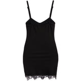 A black spaghetti-strap mini slip dress with a V-neckline and delicate lace trim at the hem, shown against a plain white background.