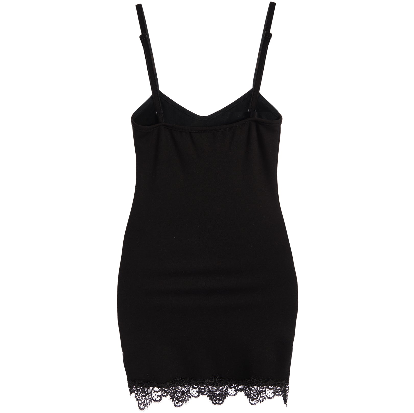 A black spaghetti-strap mini slip dress with a V-neckline and delicate lace trim at the hem, shown against a plain white background.