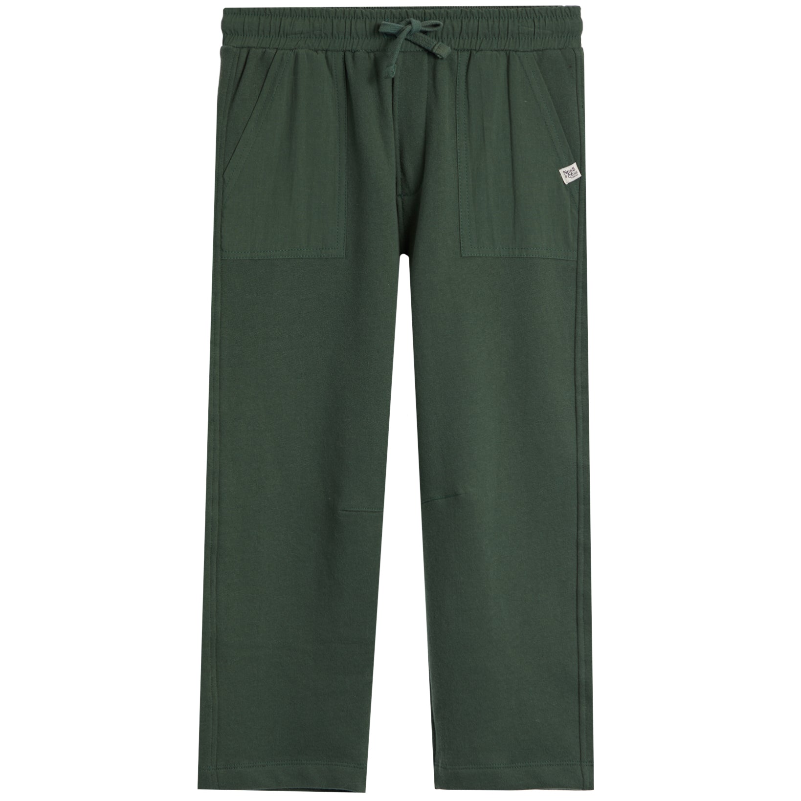 A pair of dark forest green scrub pants with an elastic waistband, drawstring, and side pockets, shown flat on a white background.
