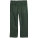 Dark green pants with an elastic waistband and two large patch pockets on the back, shown flat against a white background.