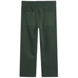 Dark green pants with an elastic waistband and two large patch pockets on the back, shown flat against a white background.