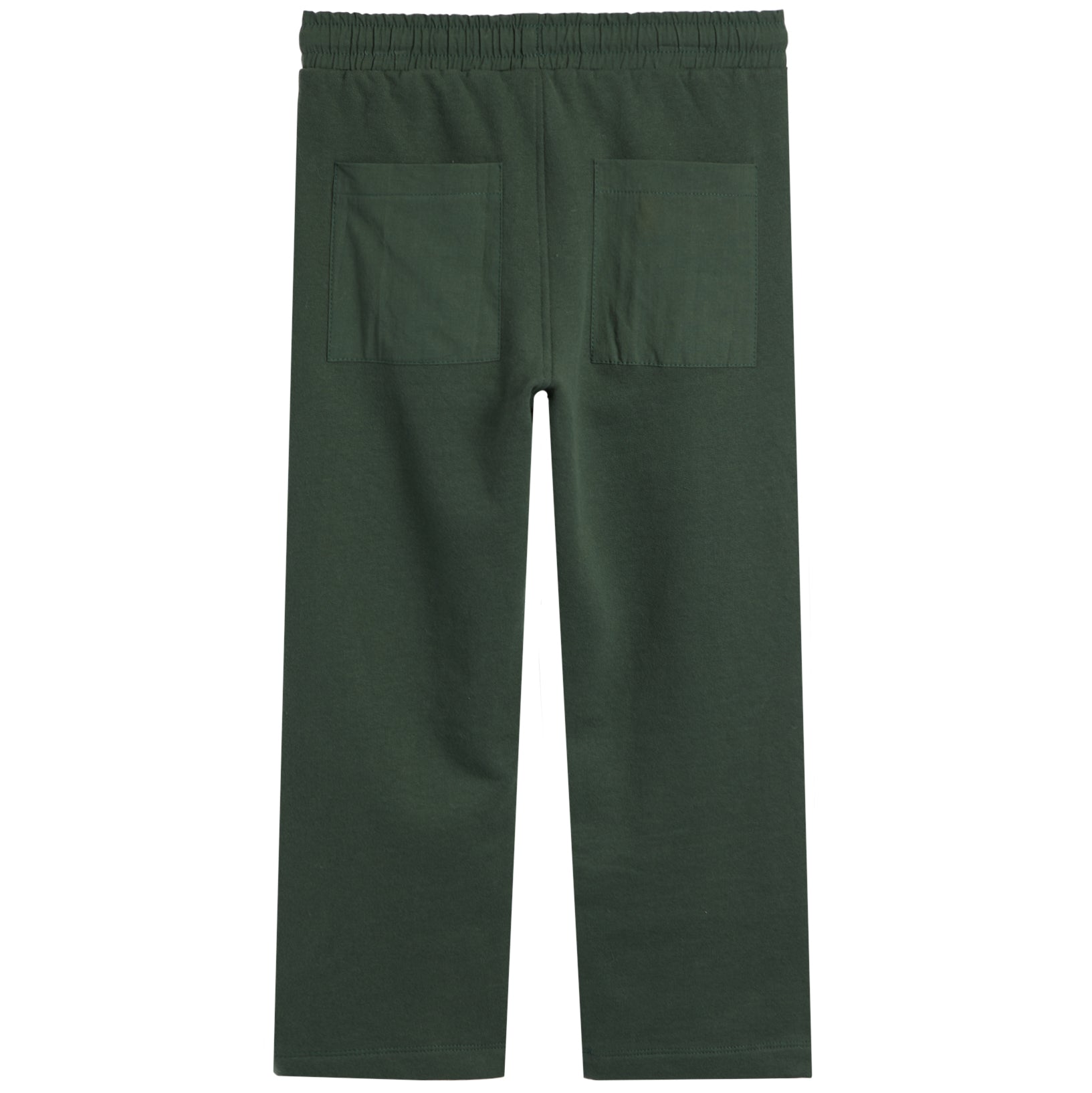 Dark green pants with an elastic waistband and two large patch pockets on the back, shown flat against a white background.