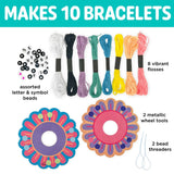 Bracelet-making kit with colorful floss, beads, and tools on a white background