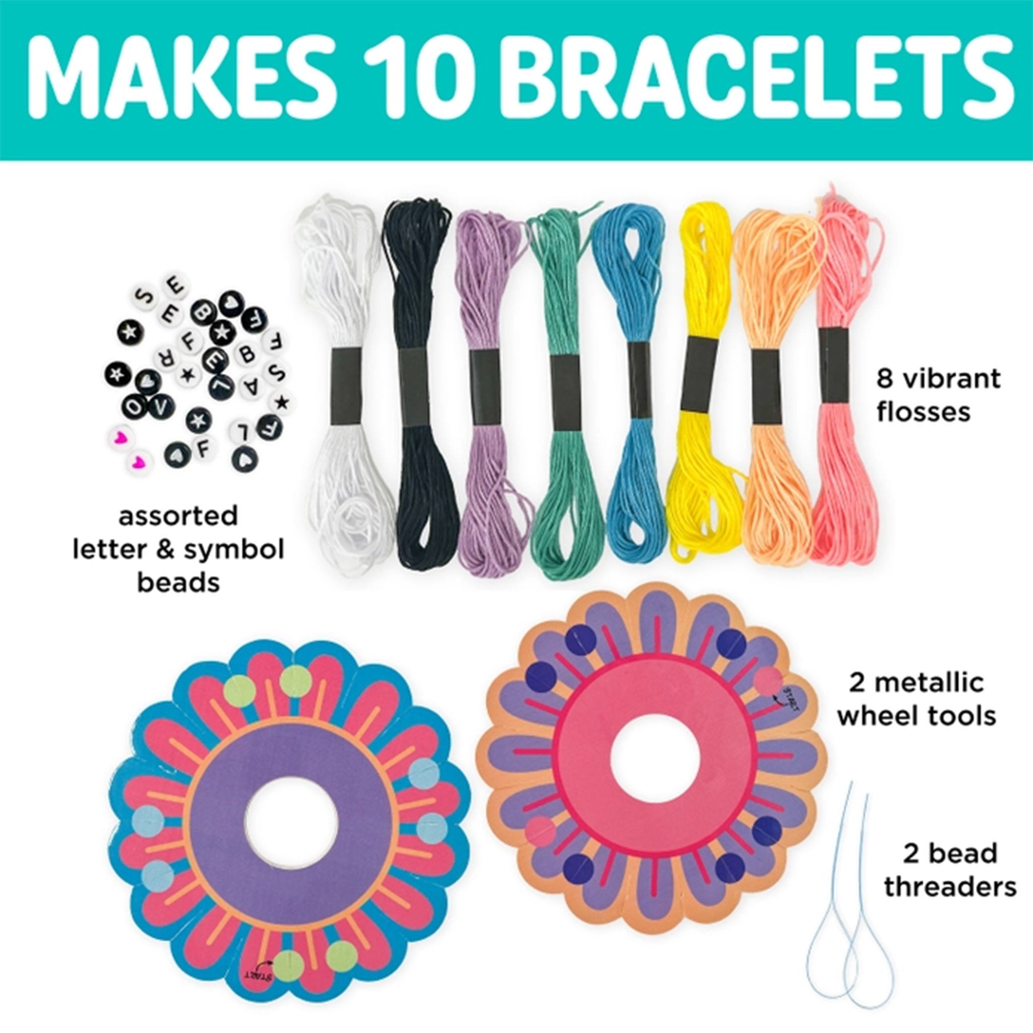 Bracelet-making kit with colorful floss, beads, and tools on a white background