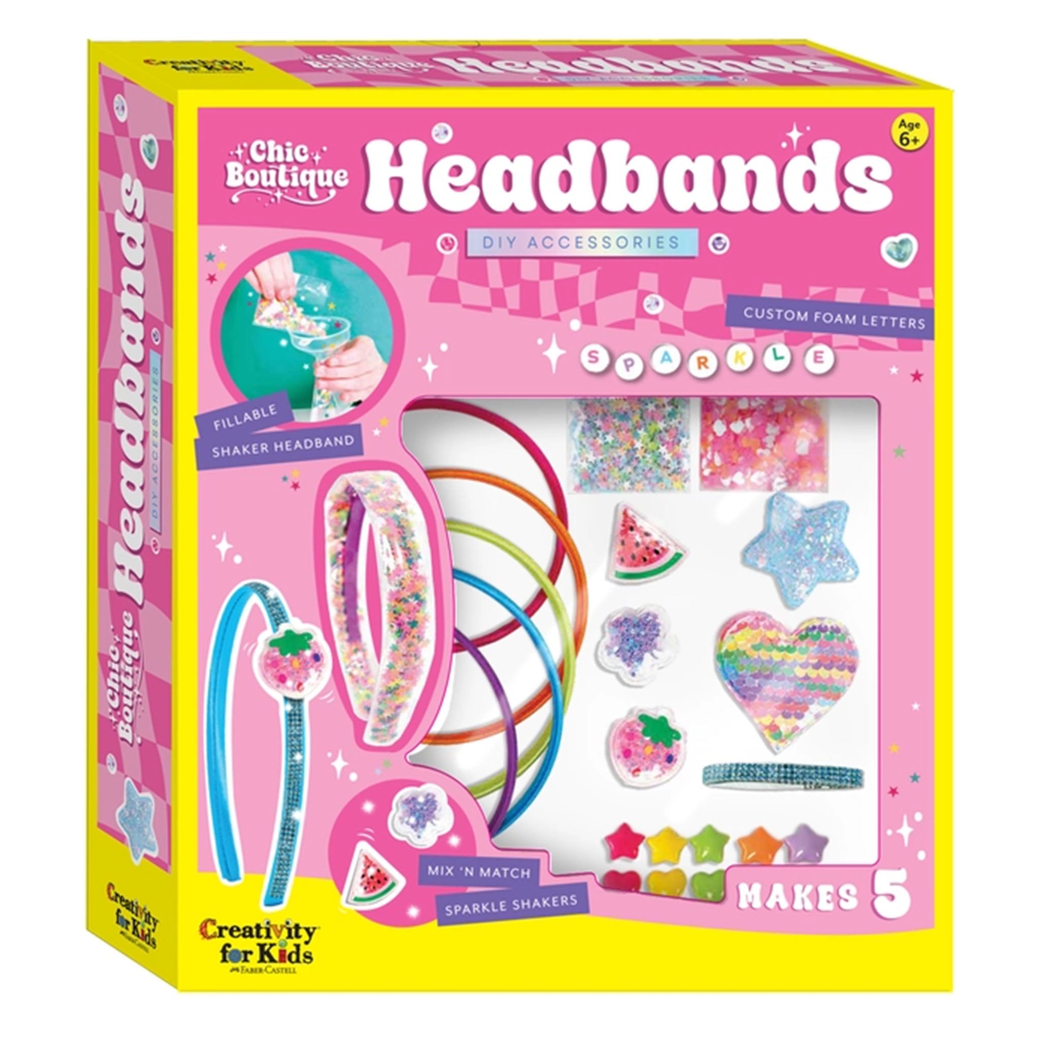 Chic Boutique Headbands DIY Accessories kit by Creativity for Kids, featuring a pink and yellow retail box with illustrations of colorful sparkly headbands, glitter stars, watermelon-themed charms, and matchstick letters.