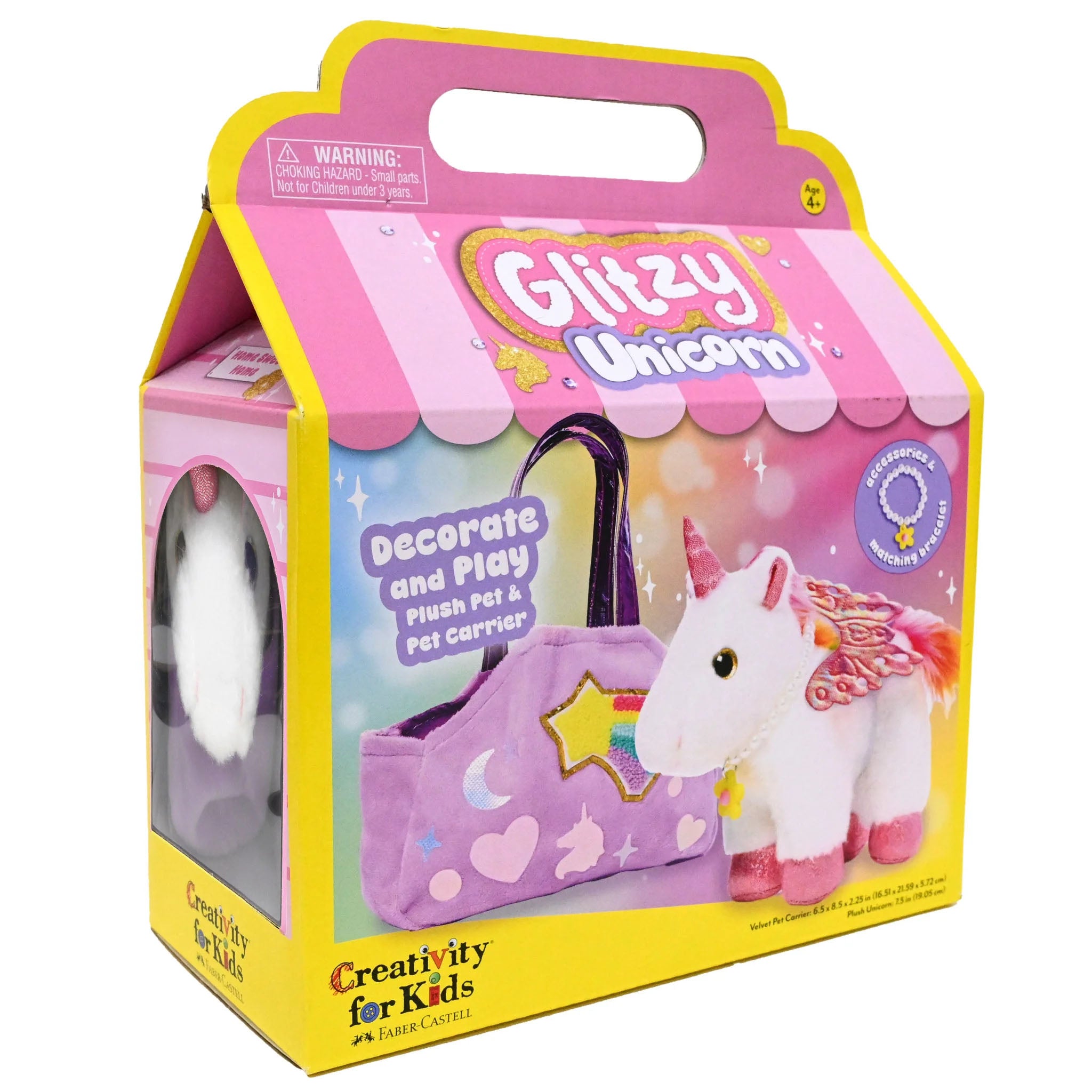 Creativity for Kids Glitzy Unicorn plush pet and carrier set in its original retail packaging, featuring a pink and yellow box with an illustration of the white unicorn and purple pet carrier.