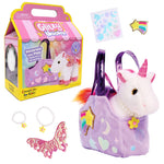 Unicorn-themed toy set with packaging, unicorn in a bag, and accessories on a white background