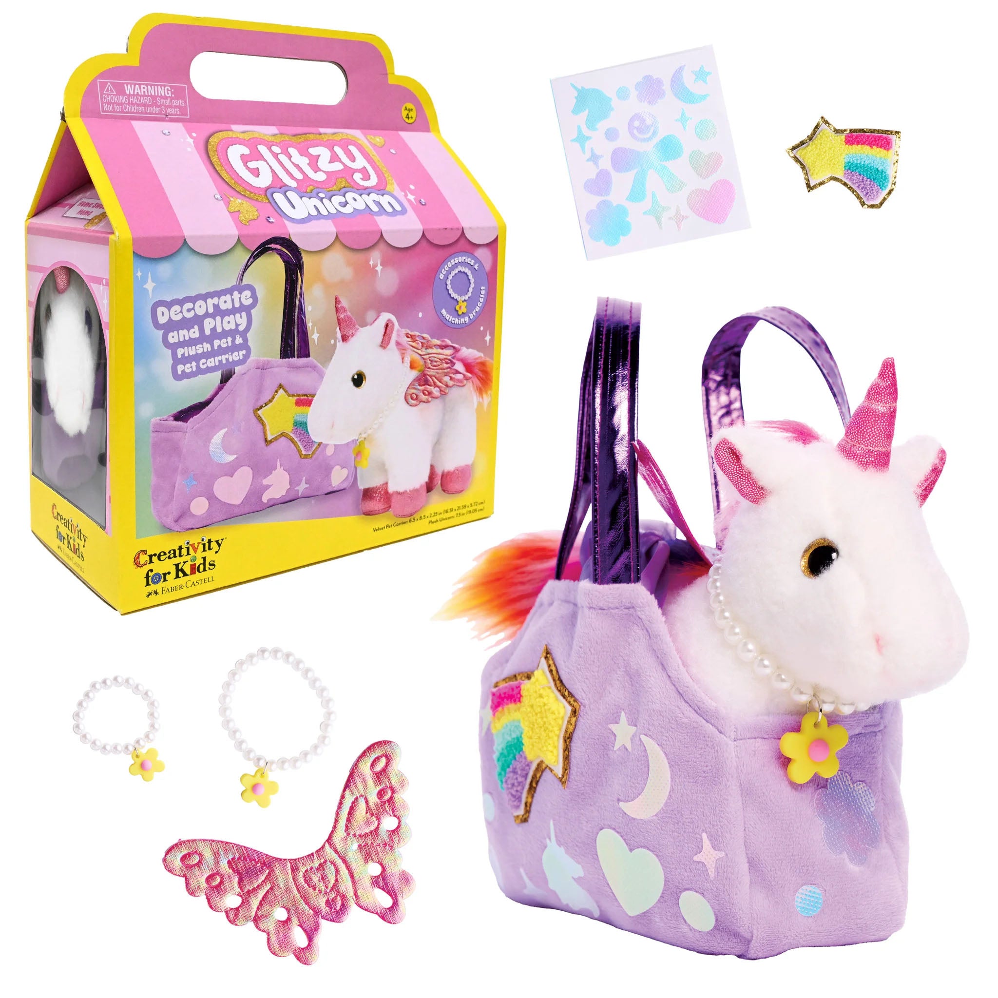 Unicorn-themed toy set with packaging, unicorn in a bag, and accessories on a white background