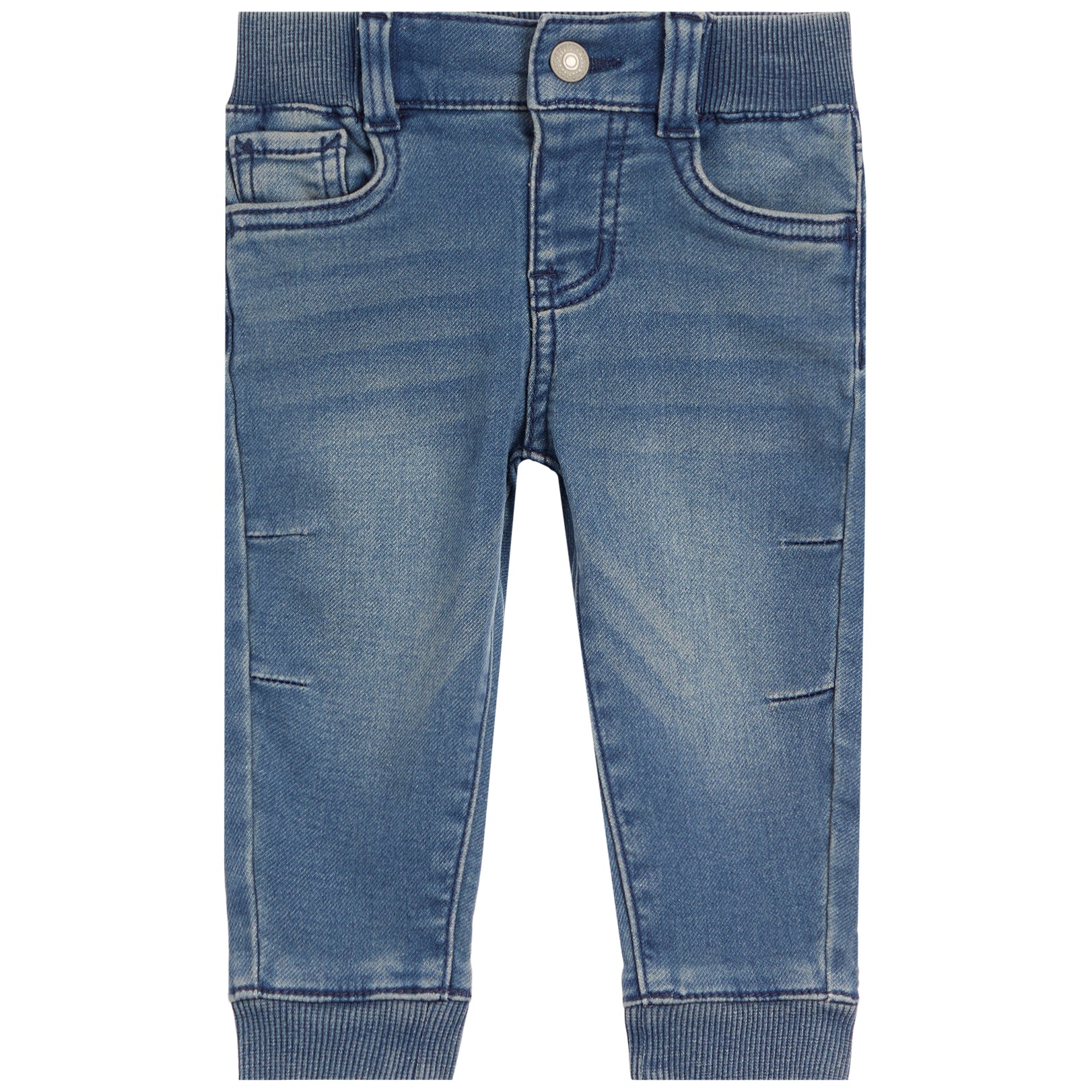 A pair of baby blue denim jeans with a faded wash, ribbed waistband and cuffs, and distressed details on the thighs, shown against a plain white background.