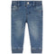 A pair of baby blue denim jeans with a faded wash, ribbed waistband and cuffs, and distressed details on the thighs, shown against a plain white background.