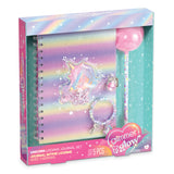 Unicorn locking journal set in its retail packaging, featuring a pastel iridescent notebook, pink lollipop pen, and matching accessories.