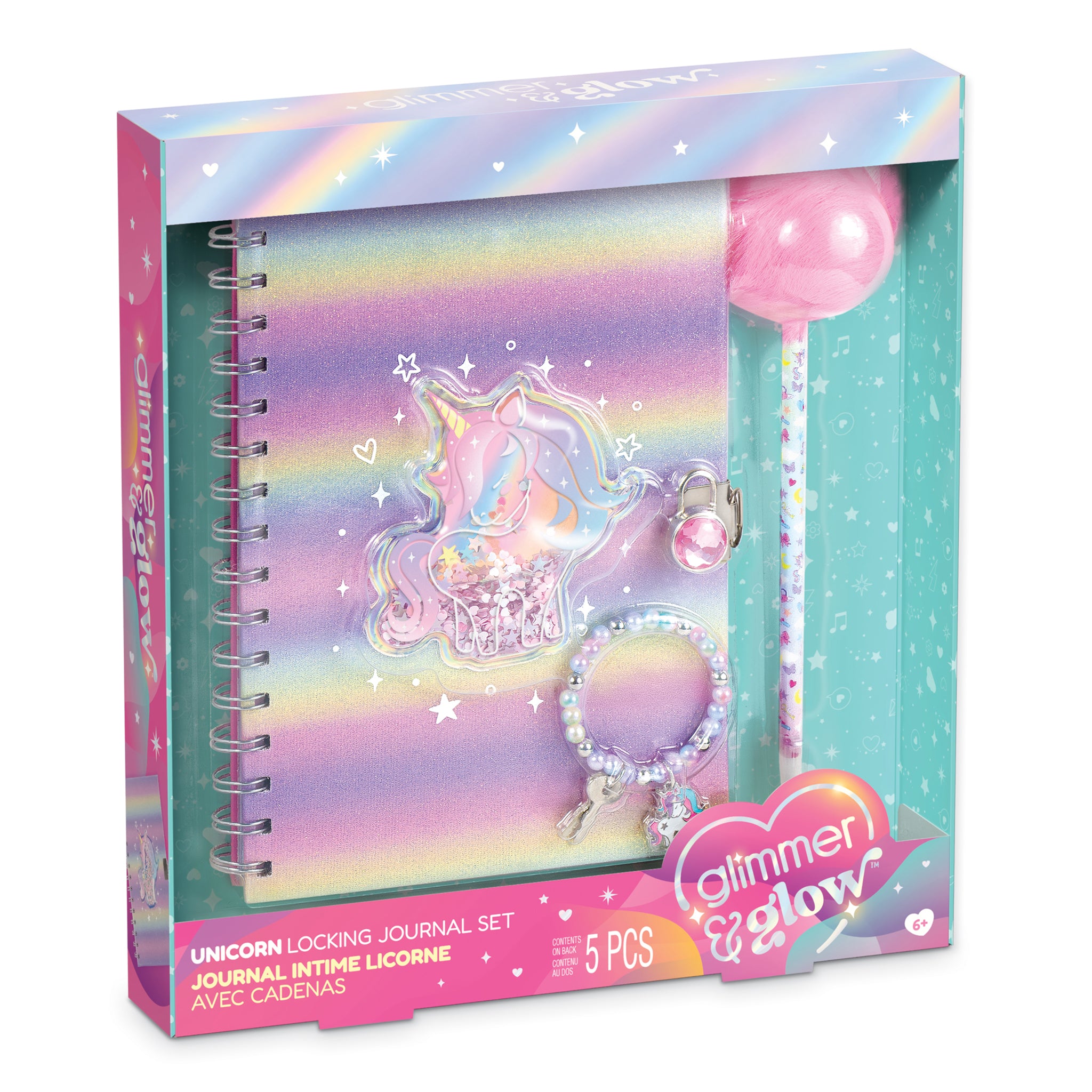 Unicorn locking journal set in its retail packaging, featuring a pastel iridescent notebook, pink lollipop pen, and matching accessories.