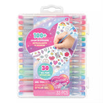 A 33-piece gel pen and sticker set in a clear plastic clamshell case with a hanger tab. The packaging features a colorful heart-shaped label showing '100+ Color-In Stickers' and '30 Gel Pens'.