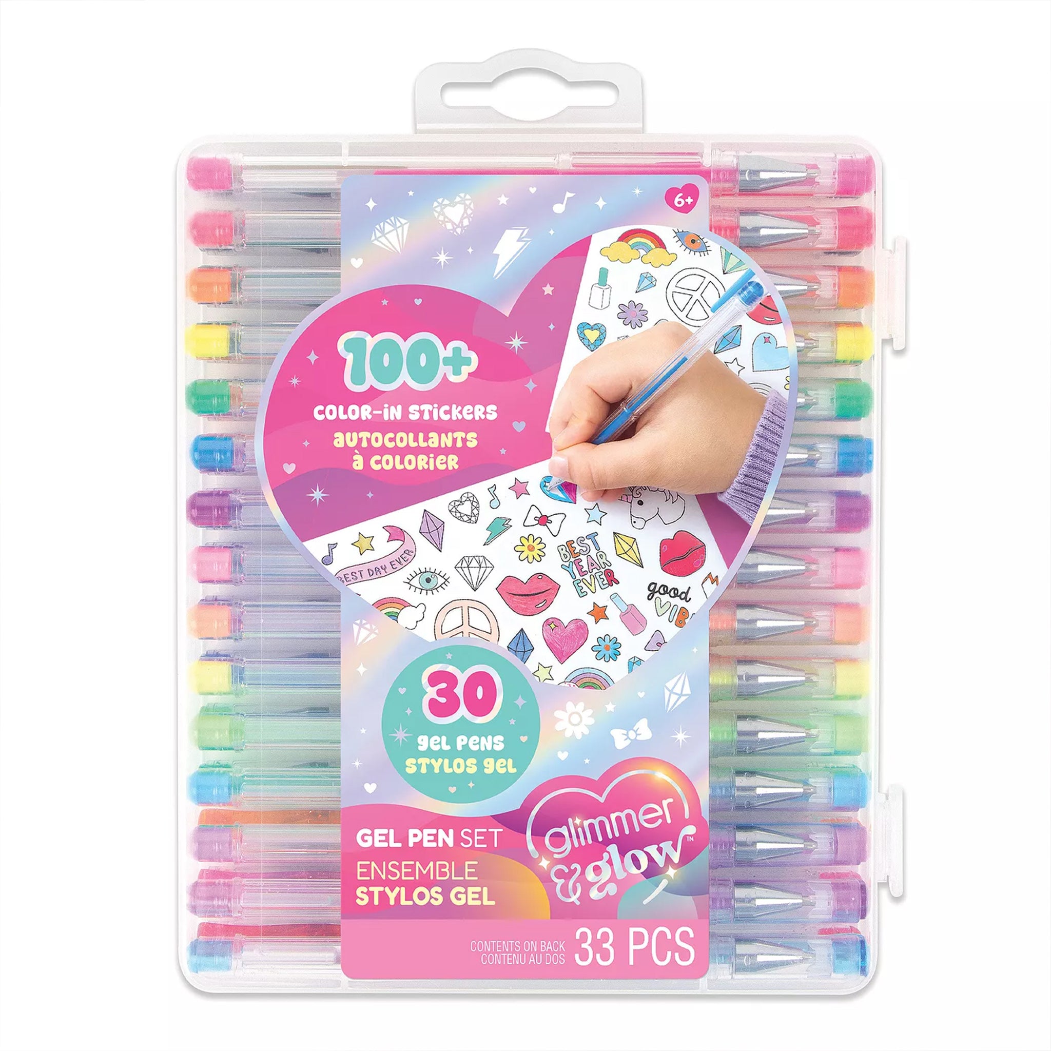 A 33-piece gel pen and sticker set in a clear plastic clamshell case with a hanger tab. The packaging features a colorful heart-shaped label showing '100+ Color-In Stickers' and '30 Gel Pens'.