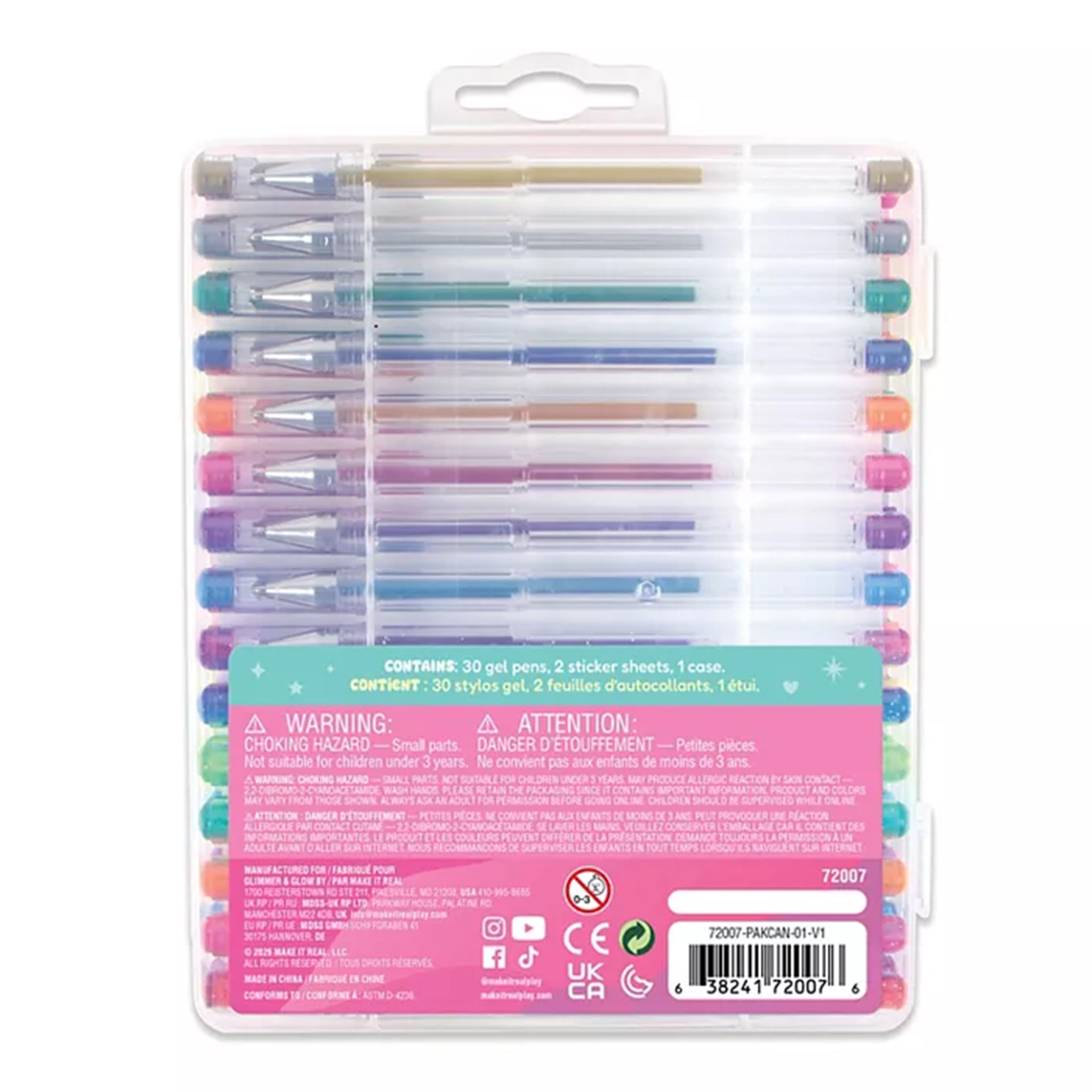 A 30-pack of gel pens in a clear plastic blister pack with a colorful label. The pens feature multiple pastel colors including blue, green, purple, pink, orange, and yellow, with silver metal tips.