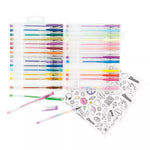 A set of colorful gel pens in a clear plastic case, shown open on a white background with two loose pens and two sticker sheets featuring cute doodle illustrations.