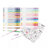 A set of colorful gel pens in a clear plastic case, shown open on a white background with two loose pens and two sticker sheets featuring cute doodle illustrations.