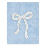 A square light blue fuzzy blanket or throw featuring a large white faux-pearl bow applique in the center, shown against a plain white background.